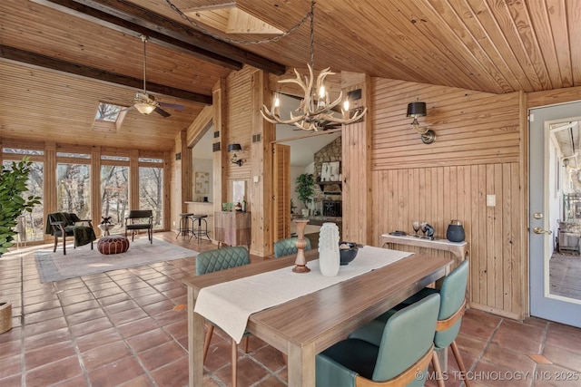 dining area featuring a notable chandelier, wood walls, a skylight, wood ceiling, and beamed ceiling