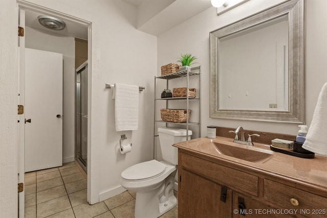 bathroom featuring toilet, tile patterned flooring, vanity, and a shower stall