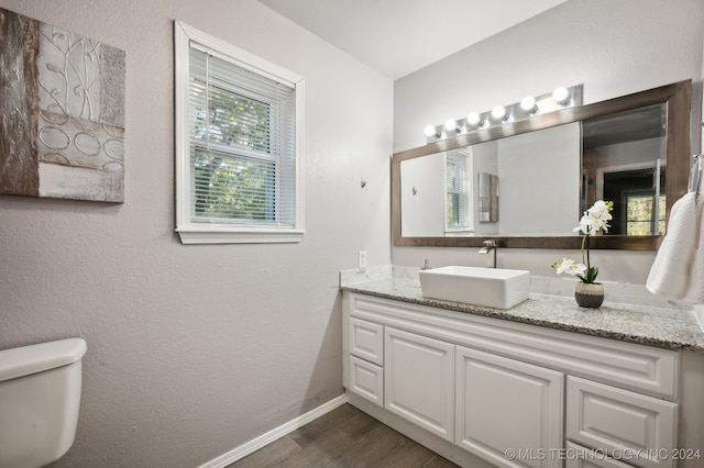 bathroom featuring hardwood / wood-style flooring, vanity, and toilet