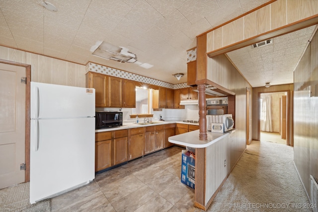 kitchen featuring wood walls, light colored carpet, sink, and white refrigerator