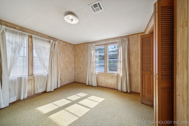 carpeted spare room featuring wooden walls