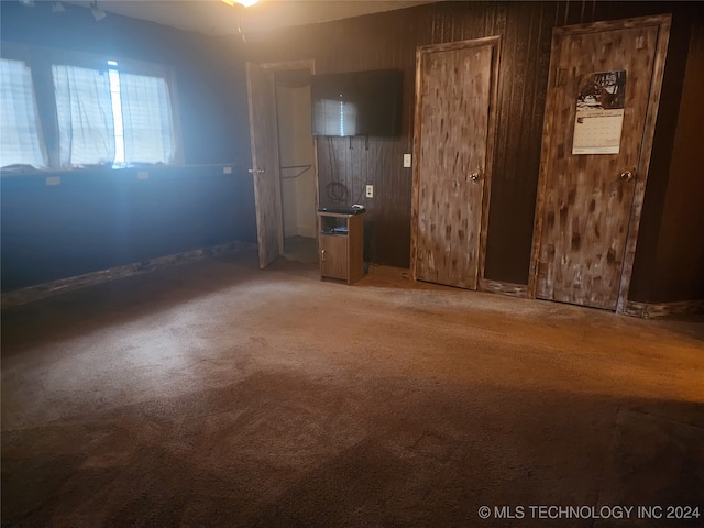 carpeted spare room featuring ceiling fan and wood walls