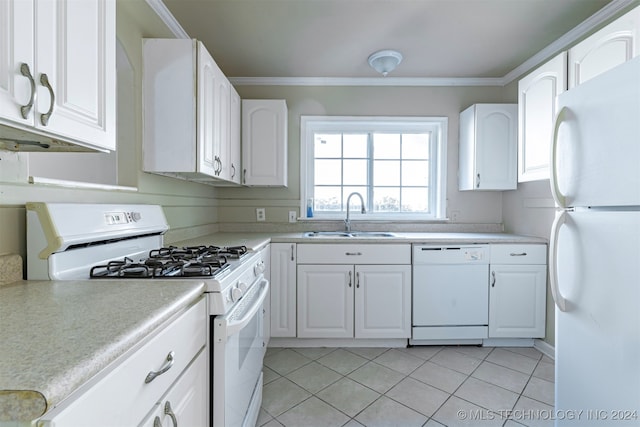 kitchen featuring light tile patterned floors, ornamental molding, sink, white appliances, and white cabinetry