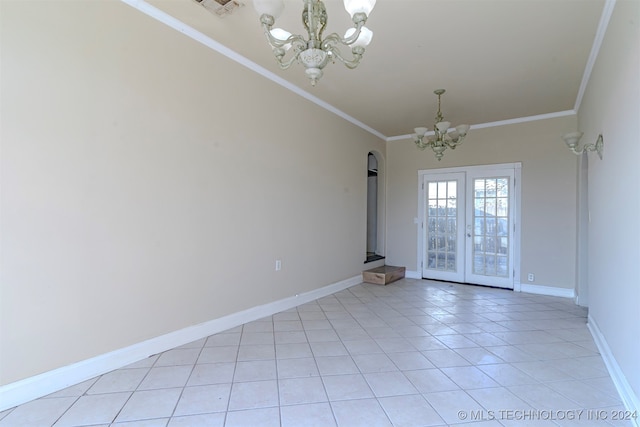 tiled empty room featuring french doors, an inviting chandelier, and crown molding