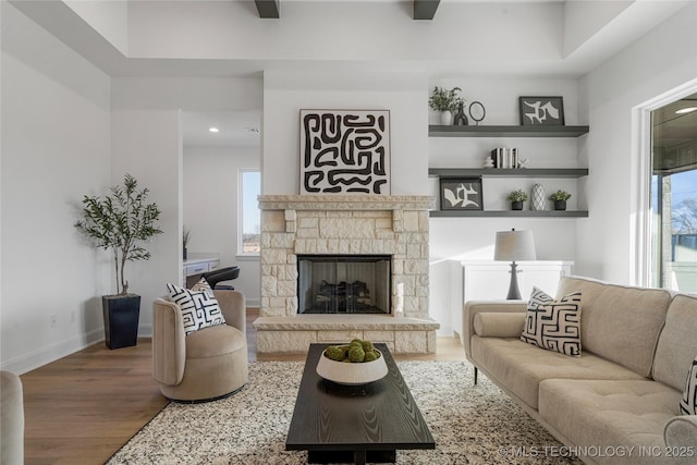 living room featuring a fireplace and hardwood / wood-style flooring