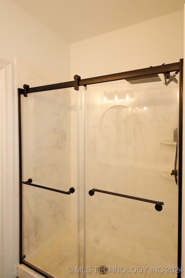 bathroom featuring a shower with shower door