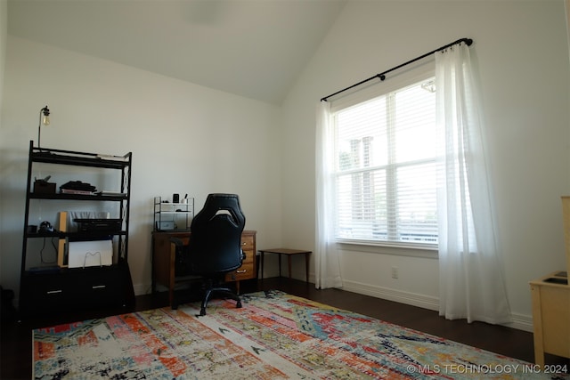 office area featuring dark hardwood / wood-style flooring and lofted ceiling