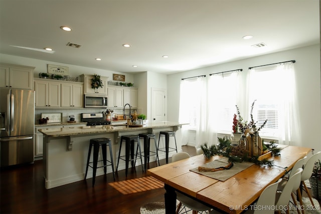 dining room featuring sink and dark wood-type flooring