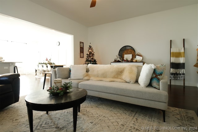 living room with ceiling fan and hardwood / wood-style flooring