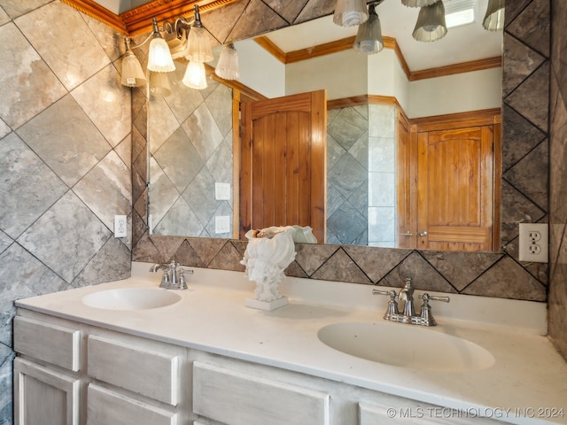 bathroom featuring vanity, tile walls, backsplash, and ornamental molding