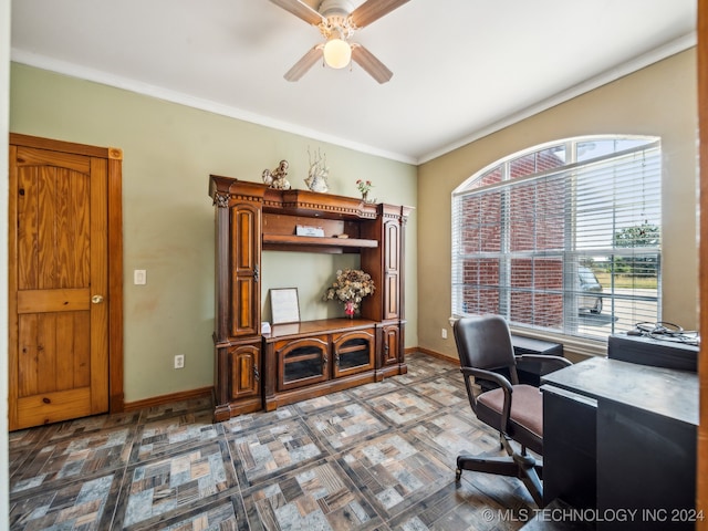 office area featuring ceiling fan and crown molding