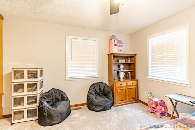 living area featuring a textured ceiling, ceiling fan, and light colored carpet