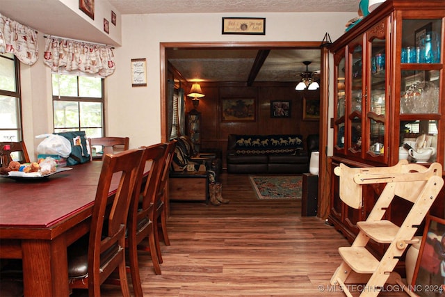 dining room featuring hardwood / wood-style floors and a textured ceiling