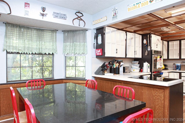 kitchen with kitchen peninsula and white cabinets