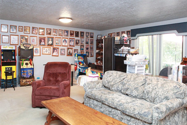 living room featuring carpet and a textured ceiling