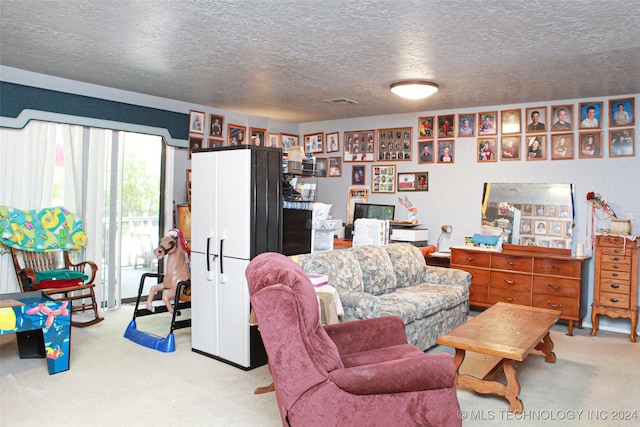 carpeted living room with a textured ceiling