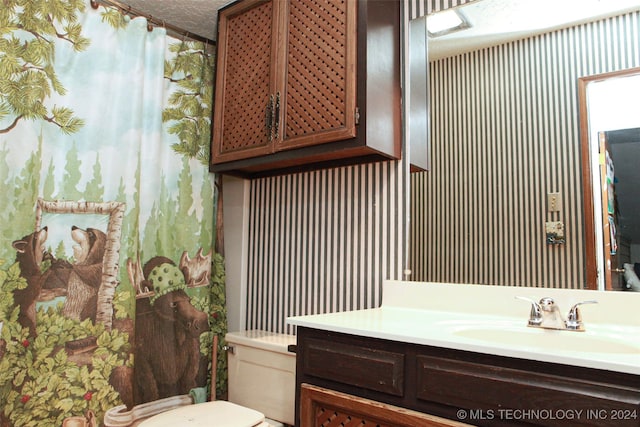 bathroom featuring a textured ceiling, vanity, and toilet