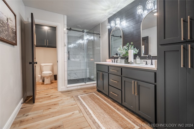 bathroom with vanity, a shower with door, toilet, and wood-type flooring