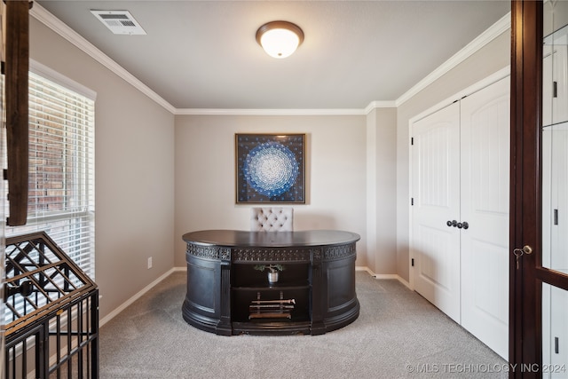 carpeted office featuring crown molding