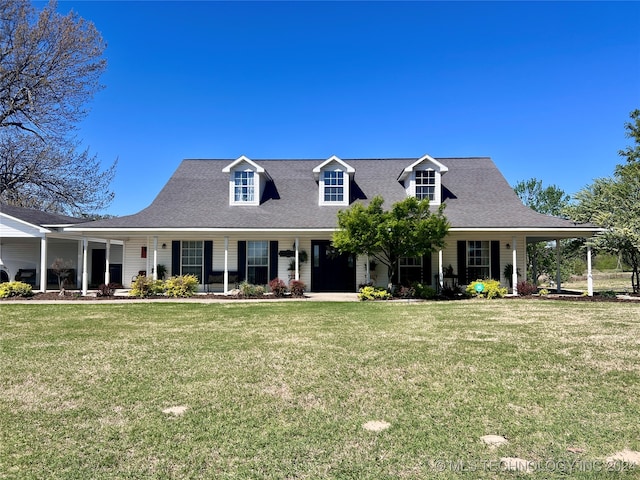 cape cod-style house with a front yard and covered porch