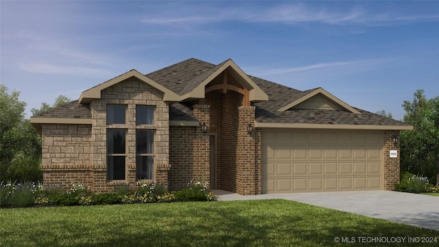 view of front of house featuring an attached garage, brick siding, driveway, and a front lawn