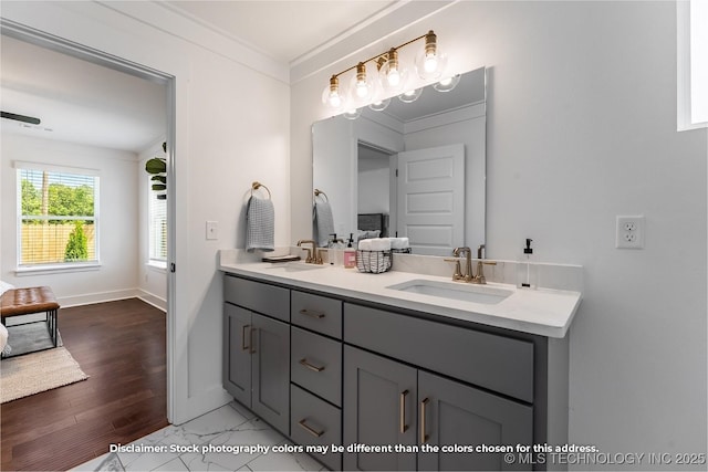 bathroom featuring baseboards, ornamental molding, a sink, and double vanity