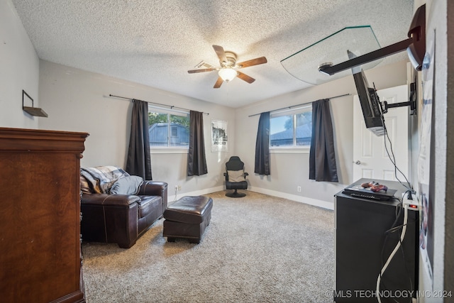 sitting room with a textured ceiling, a healthy amount of sunlight, and carpet flooring