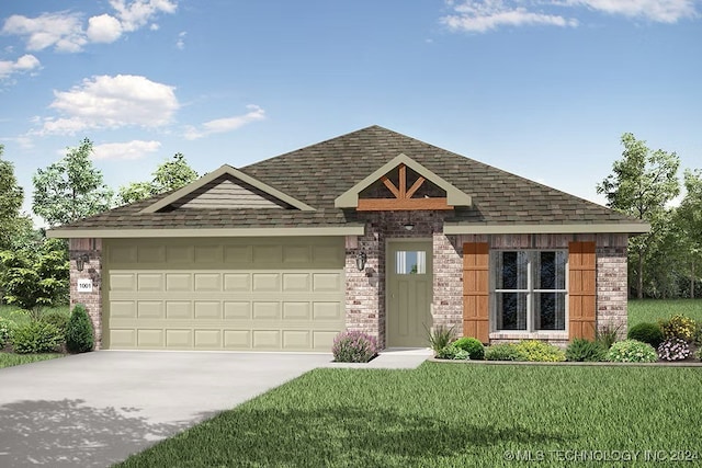 view of front of house featuring brick siding, roof with shingles, a front yard, a garage, and driveway