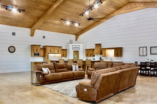 living room featuring track lighting, beamed ceiling, wooden ceiling, high vaulted ceiling, and ceiling fan