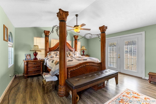 bedroom with lofted ceiling, hardwood / wood-style floors, ceiling fan, access to exterior, and french doors