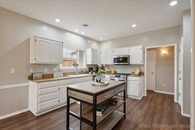 kitchen featuring stainless steel appliances, white cabinetry, dark hardwood / wood-style floors, and sink