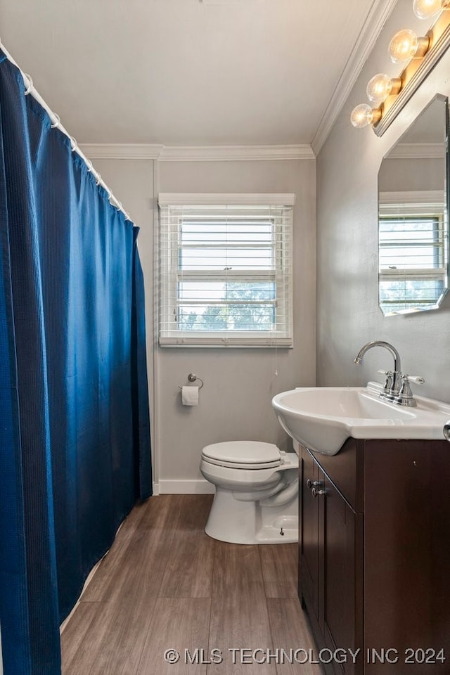 bathroom with hardwood / wood-style flooring, crown molding, toilet, and vanity