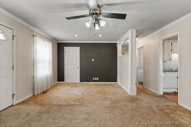 interior space featuring ornamental molding and ceiling fan