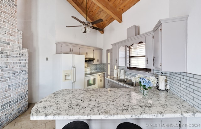 kitchen featuring white appliances, wooden ceiling, brick wall, kitchen peninsula, and backsplash