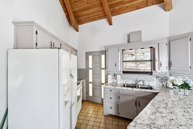 kitchen with beam ceiling, white fridge with ice dispenser, sink, decorative backsplash, and white cabinetry