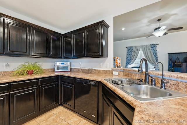 kitchen featuring black dishwasher, ornamental molding, sink, light tile patterned floors, and ceiling fan