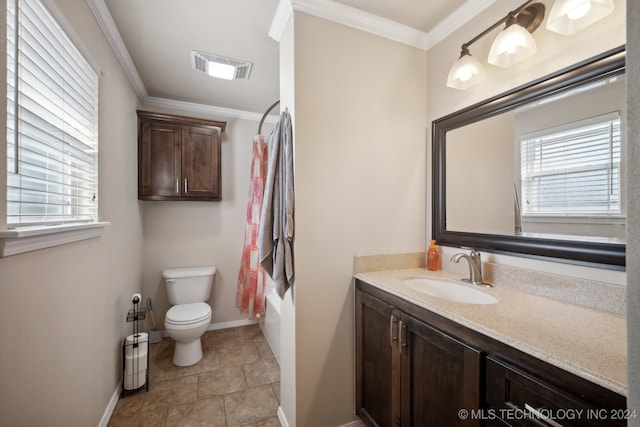 full bathroom with  shower combination, vanity, toilet, and ornamental molding