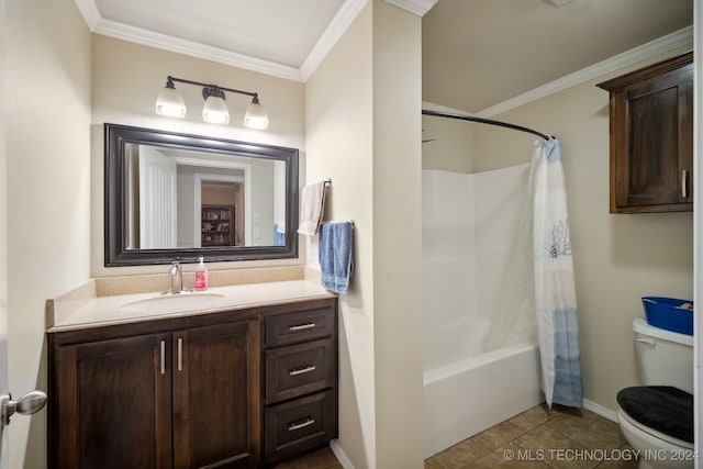 full bathroom featuring tile patterned floors, crown molding, shower / bathtub combination with curtain, and toilet