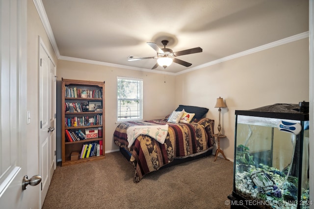 bedroom with ceiling fan, crown molding, and carpet floors