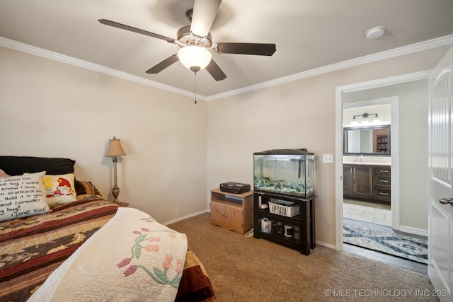 bedroom with carpet flooring, ensuite bathroom, ceiling fan, and crown molding