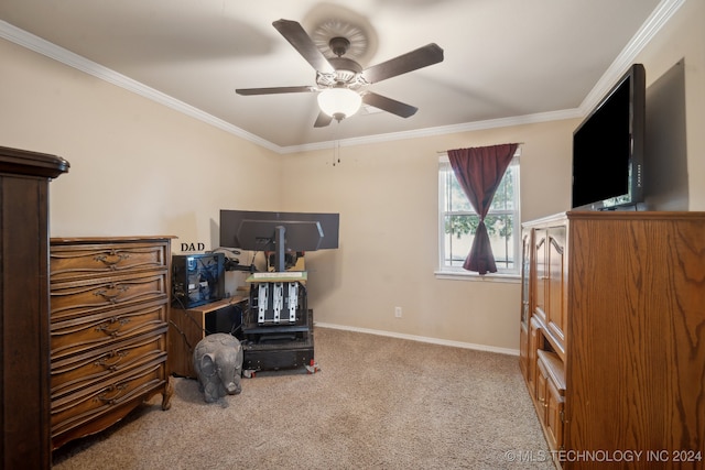 bedroom with carpet, ceiling fan, and ornamental molding