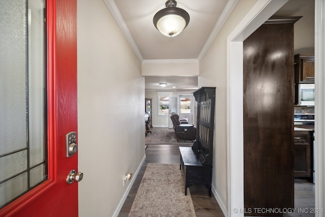 corridor with dark hardwood / wood-style floors and ornamental molding