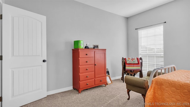 bedroom with light colored carpet