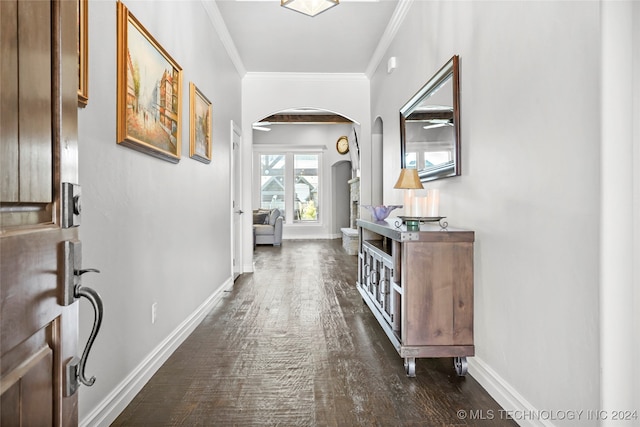 hall featuring ornamental molding and dark hardwood / wood-style flooring