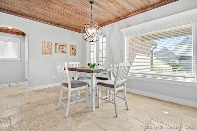 dining area with a chandelier and wood ceiling