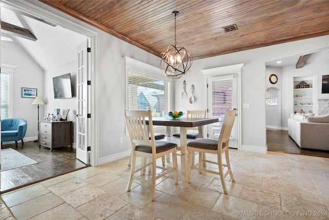 dining area with lofted ceiling, a chandelier, wooden ceiling, light wood-type flooring, and built in features