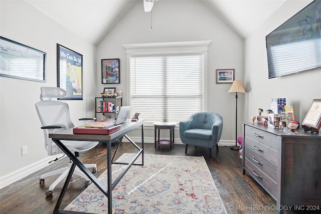 office with lofted ceiling and dark wood-type flooring