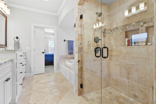 bathroom featuring vanity, crown molding, and plus walk in shower