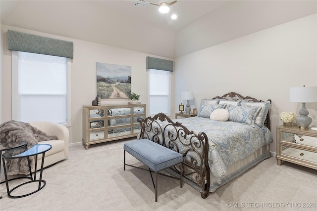 bedroom featuring carpet, vaulted ceiling, and baseboards