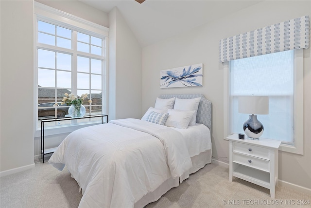 bedroom with carpet, lofted ceiling, and baseboards